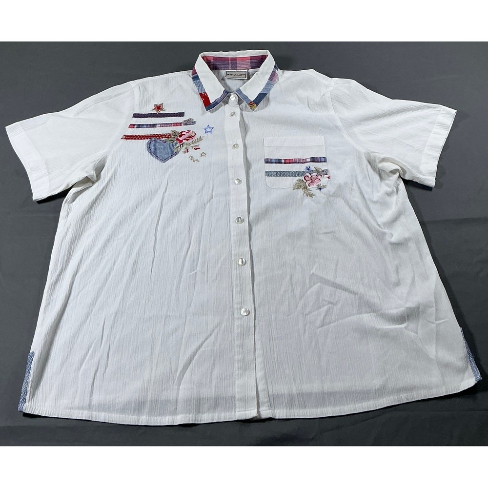 Napa Valley Womens XL White Embroidered Heart Floral Plaid Button Down Shirt